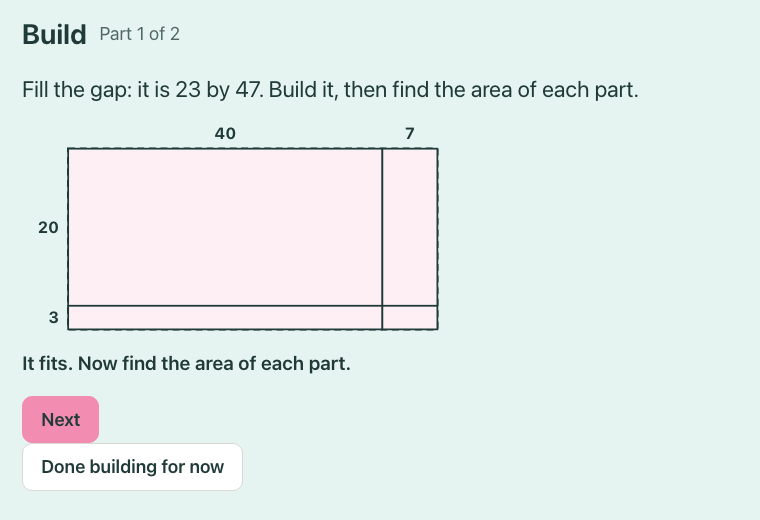 Array Builder: a 23 by 47 rectangle split into 20 and 3 down, and 40 and 7 across.