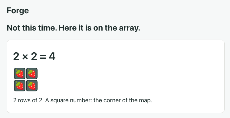 Forge after a wrong answer: the fact shown as rows on an array, with a sentence on how to work it out.