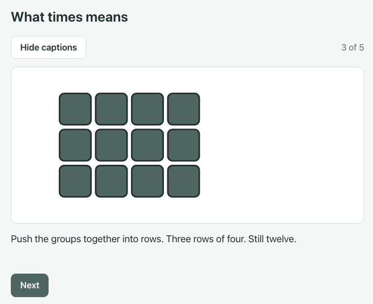 A lesson step: twelve squares pushed together into three rows of four, with the caption "Three rows of four. Still twelve."